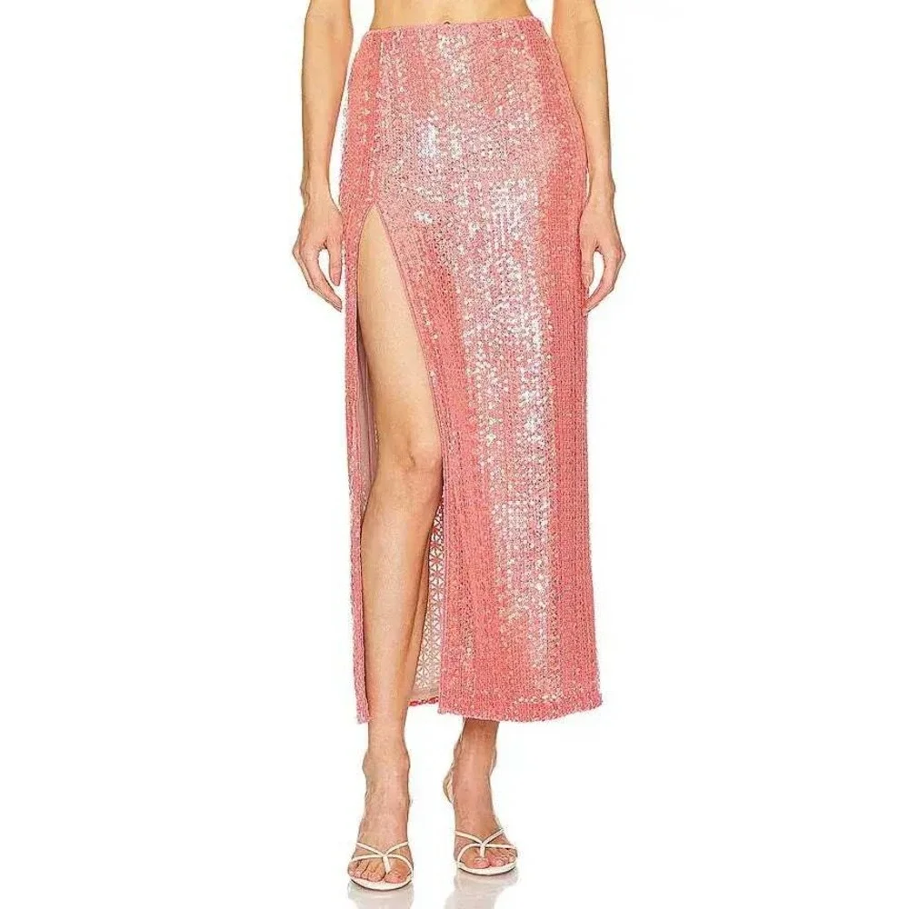 Michael Costello x REVOLVE Catiana Sequin Maxi Skirt Coral Pink High Slit XS New